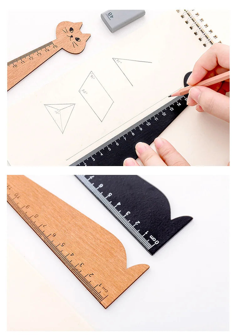 A wooden drawing ruler is shown with various geometric shapes and a pencil, demonstrating its use for drawing.