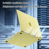A yellow protective case for a laptop is shown open, highlighting invisible ventilation holes and anti-slip pads on all four 