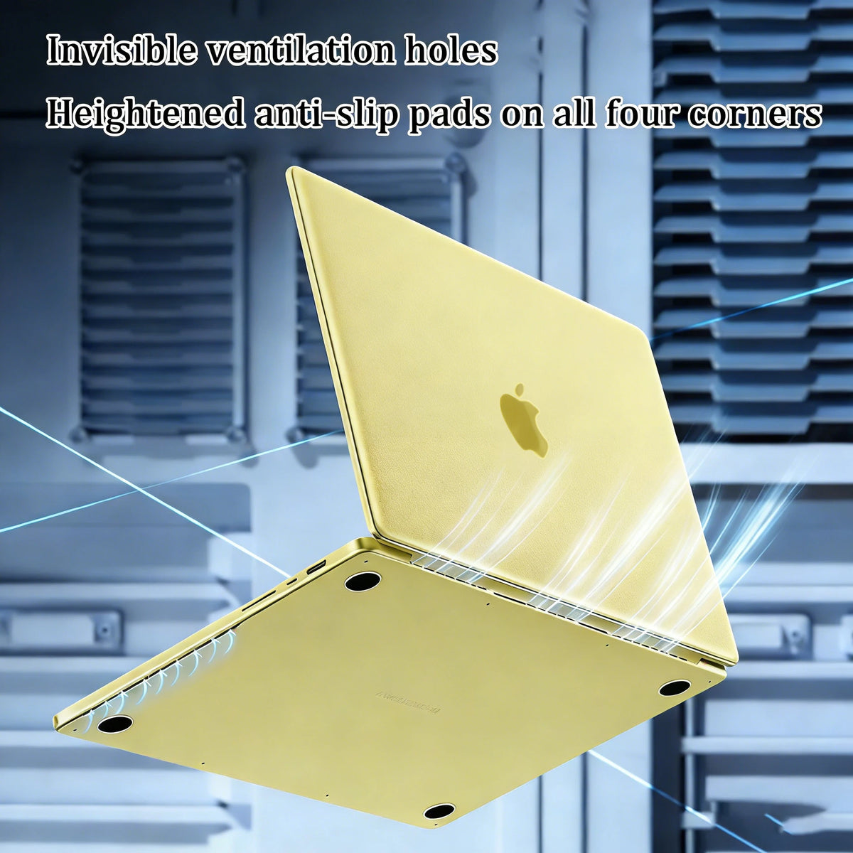 A yellow protective case for a laptop is shown open, highlighting invisible ventilation holes and anti-slip pads on all four 