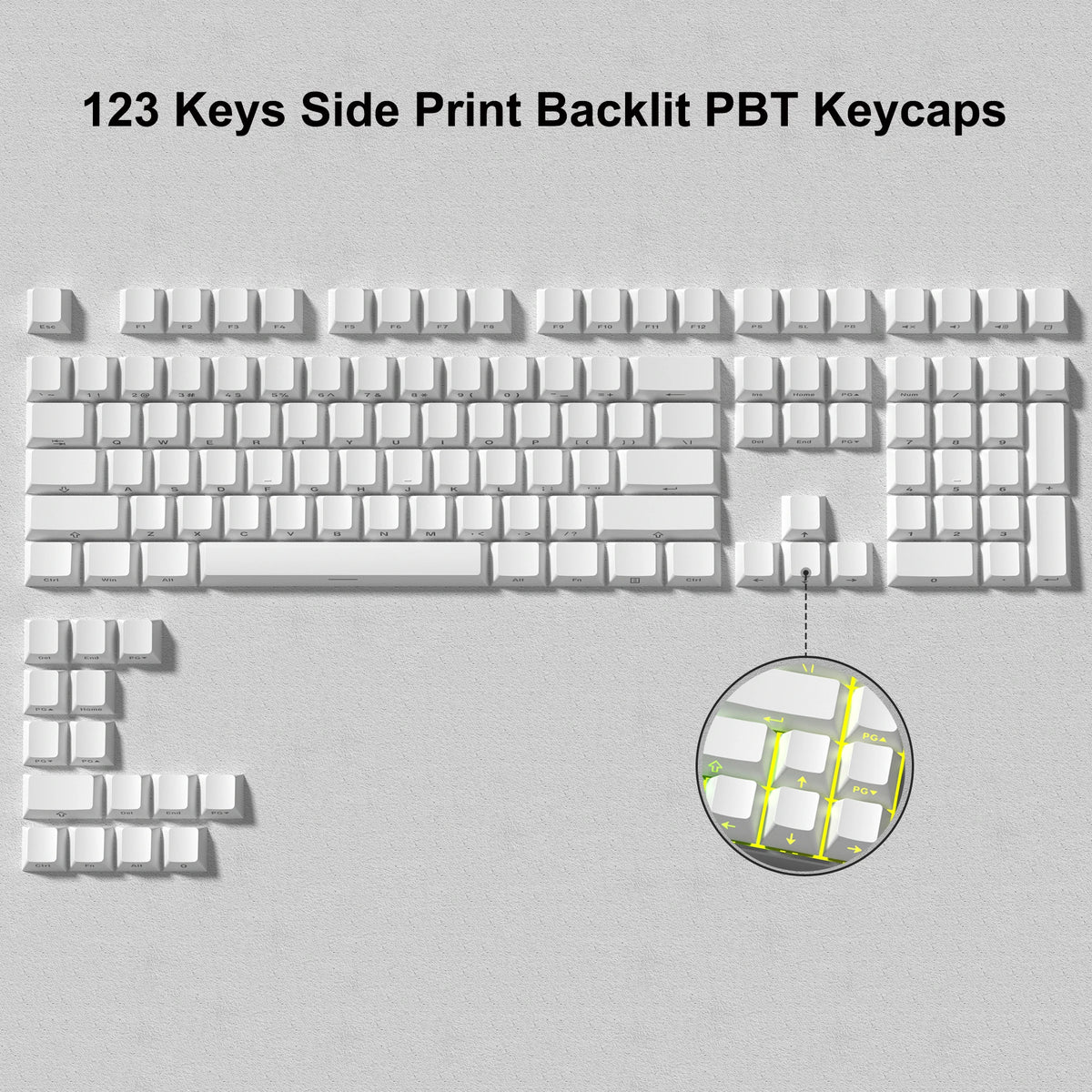 A collection of 123 side print backlit PBT keycaps laid out on a light gray surface.