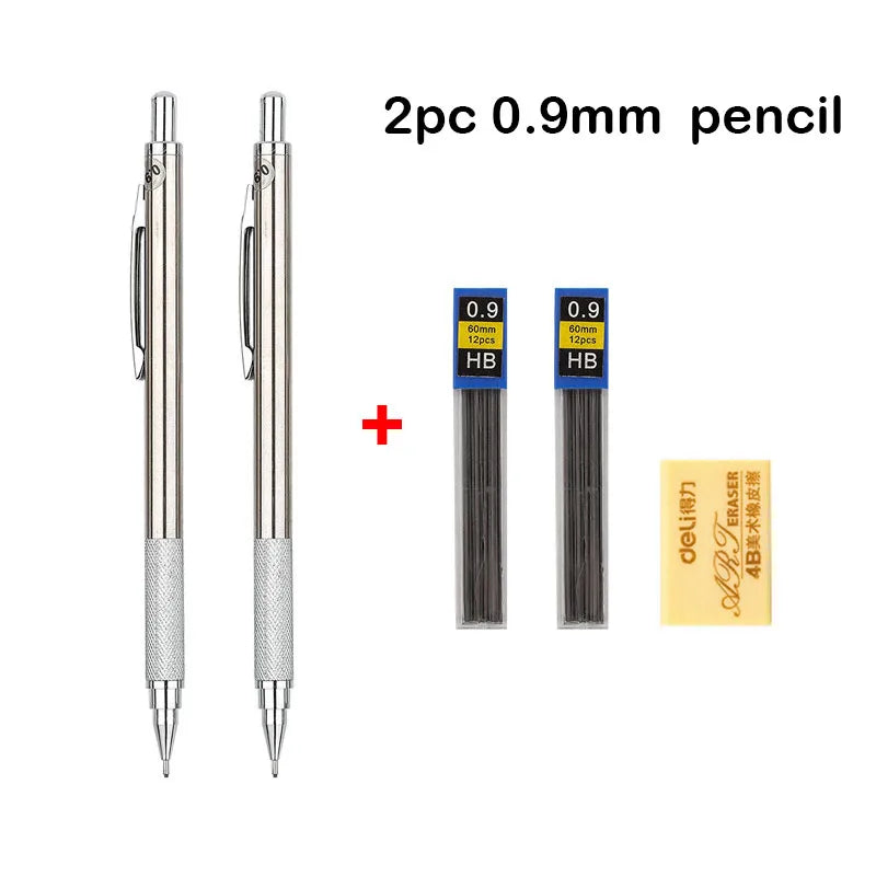 Two 0.9mm HB mechanical pencils with packaging and branding labels