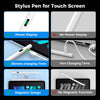 Stylus pen for touch screen showing power display, charging time, magnetic design features and non-magnetic function.