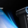 A black handheld turbo fan with a blue nozzle is shown against a dark background.