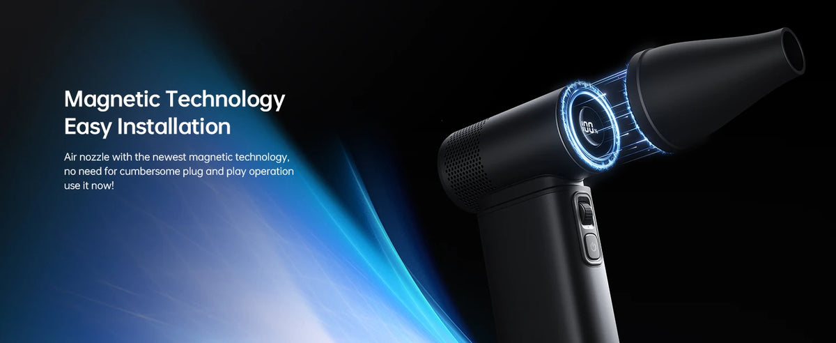 A black handheld turbo fan with a blue nozzle is shown against a dark background.