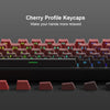 Nahaufnahme von Cherry-Profil-Keycaps für eine mechanische Tastatur, die verschiedene farbige und beschriftete Tasten zeigt.