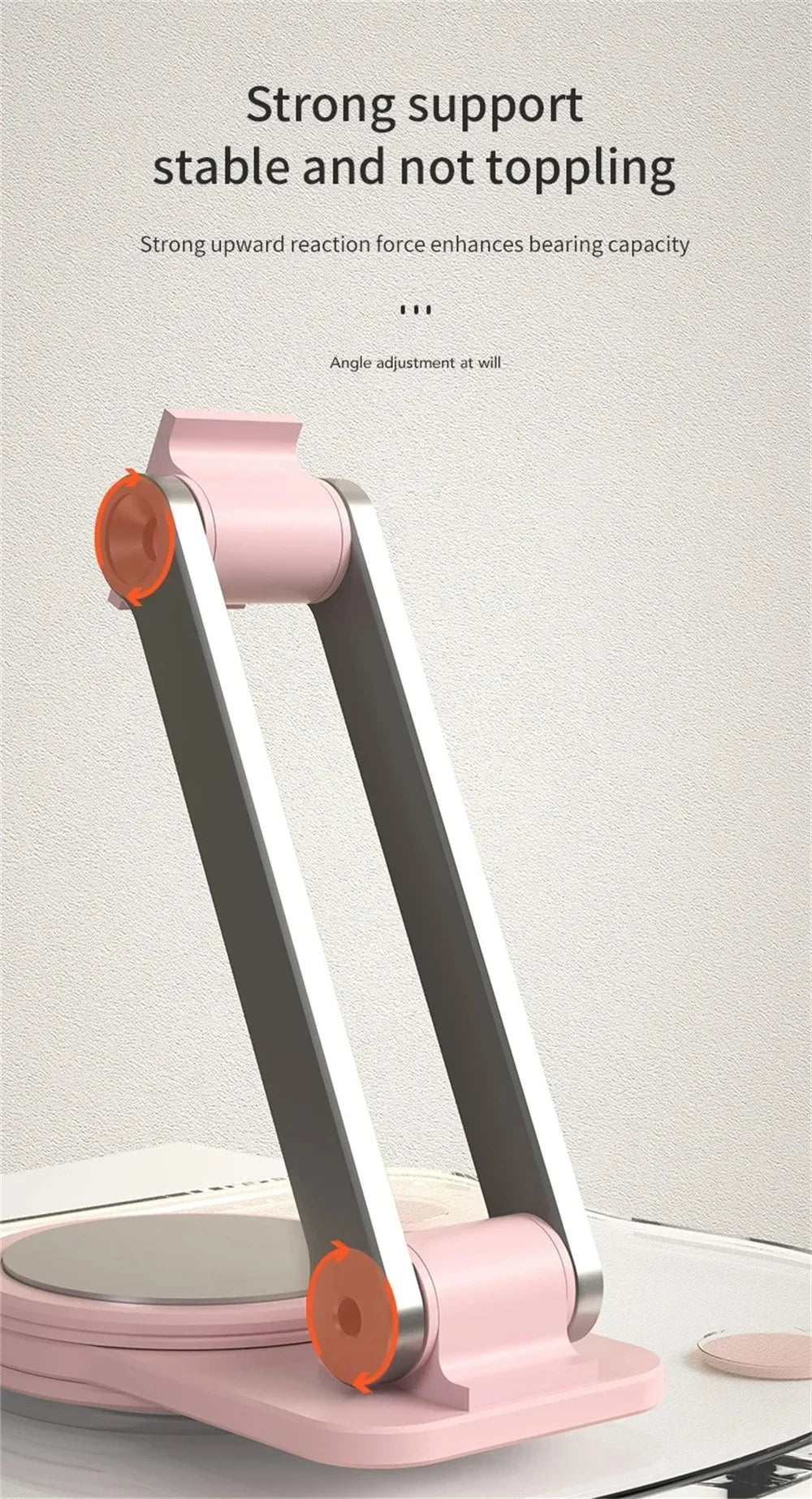 A pink and silver adjustable tablet and phone stand with a smooth surface.