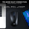 A black wireless gaming mouse is shown next to a white tablet, illustrating tri-mode silky connection features.