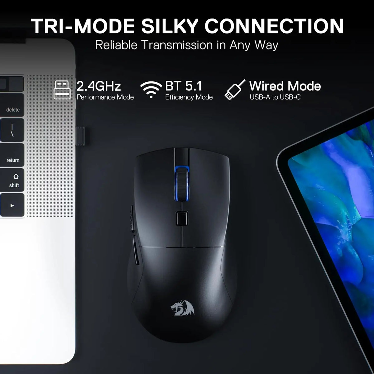 A black wireless gaming mouse is shown next to a white tablet, illustrating tri-mode silky connection features.