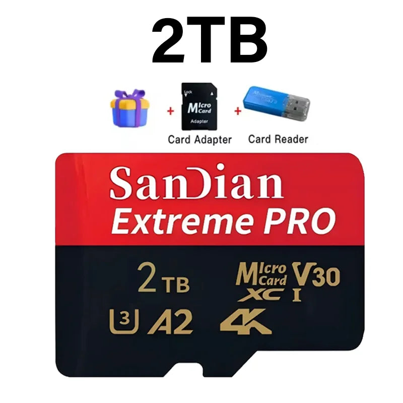 Sandian Extreme PRO 2TB storage device with a card adapter and card reader.