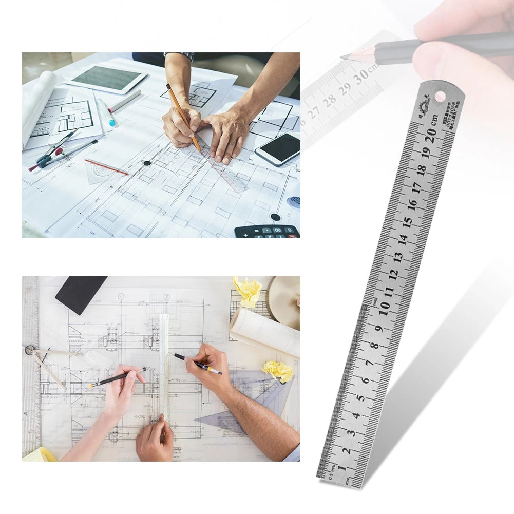 A precision stainless steel measuring ruler set is shown being used to measure and mark on blueprints and technical drawings.