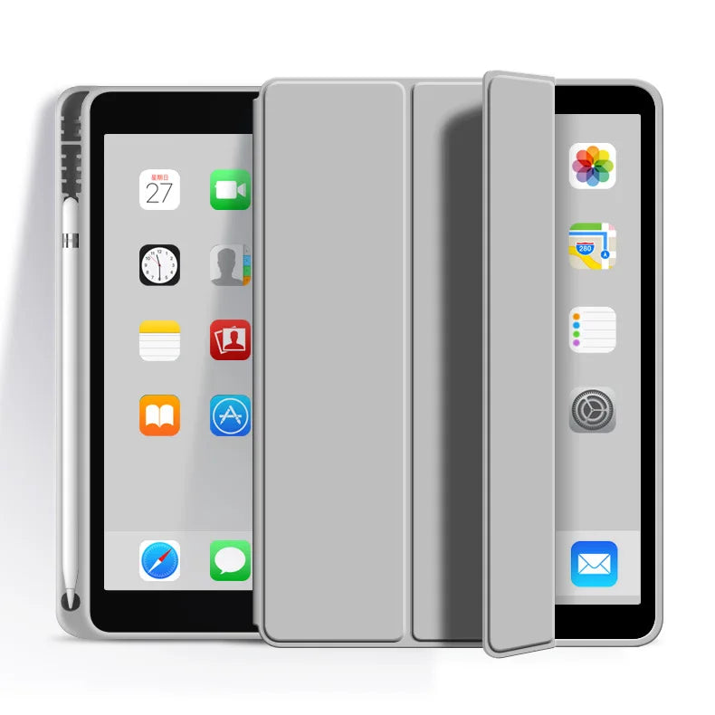 A silver tablet with a clear protective case showing various app icons on the screen.