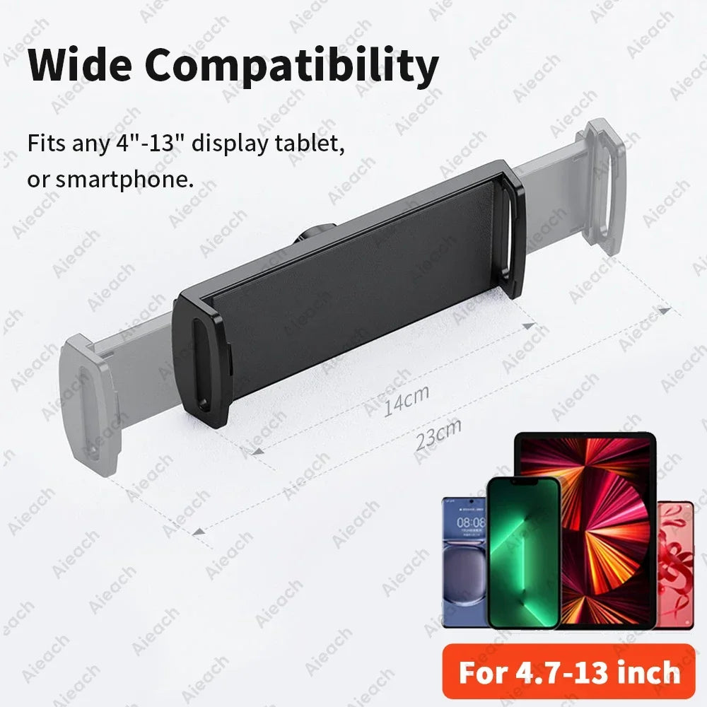 A black adjustable multi-angle tablet and phone stand designed to fit 4-13 inch displays.