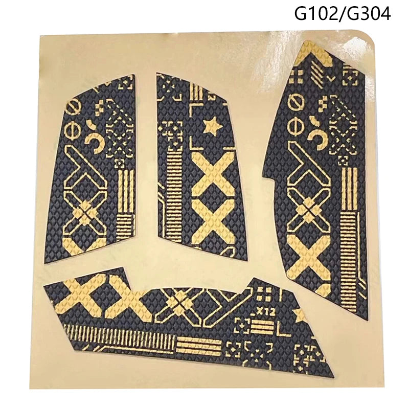 Set Anti-Rutsch-Grip-Tapemuster in Schwarz und Gold für eine Maus mit geometrischen und stilisierten Designs.