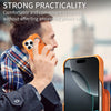 A person is holding an orange phone case on a smartphone while outdoors.