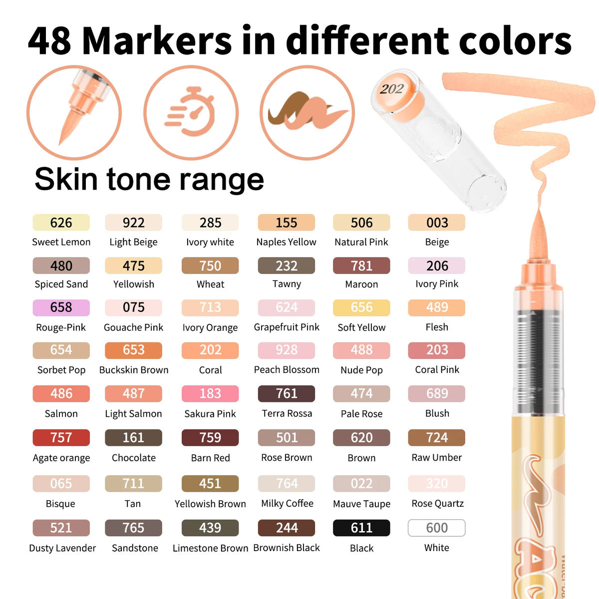 A collection of 48 markers in various colors and shades organized by skin tone range.
