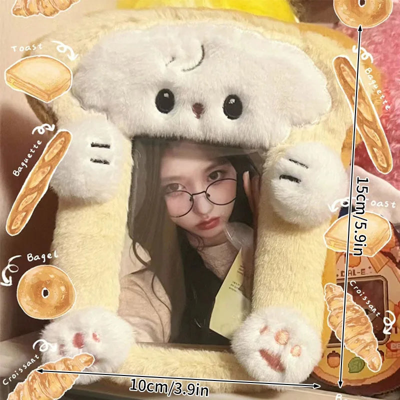A plush photocard holder featuring a soft cover shaped like a loaf of bread, with various food items attached.