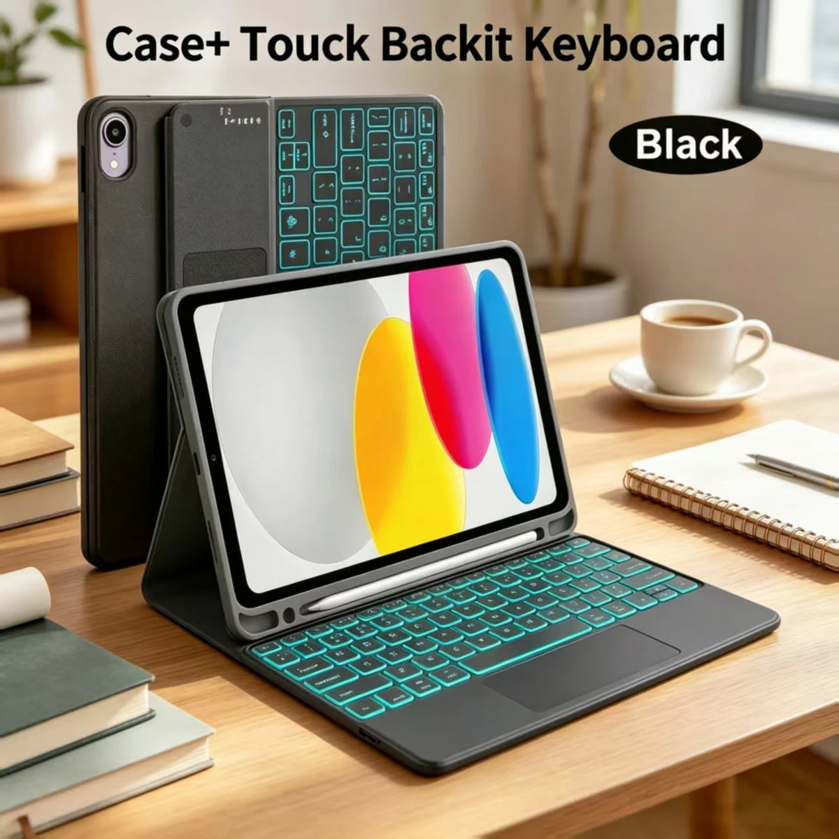 A black Case+ Touch Backit Keyboard is shown next to an iPad and a Bluetooth keyboard case on a wooden table.