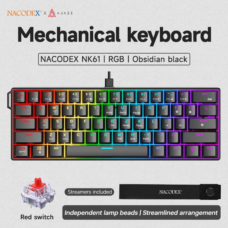 NACODEX NK61 mechanical keyboard in Obsidian black with RGB lighting and red switches