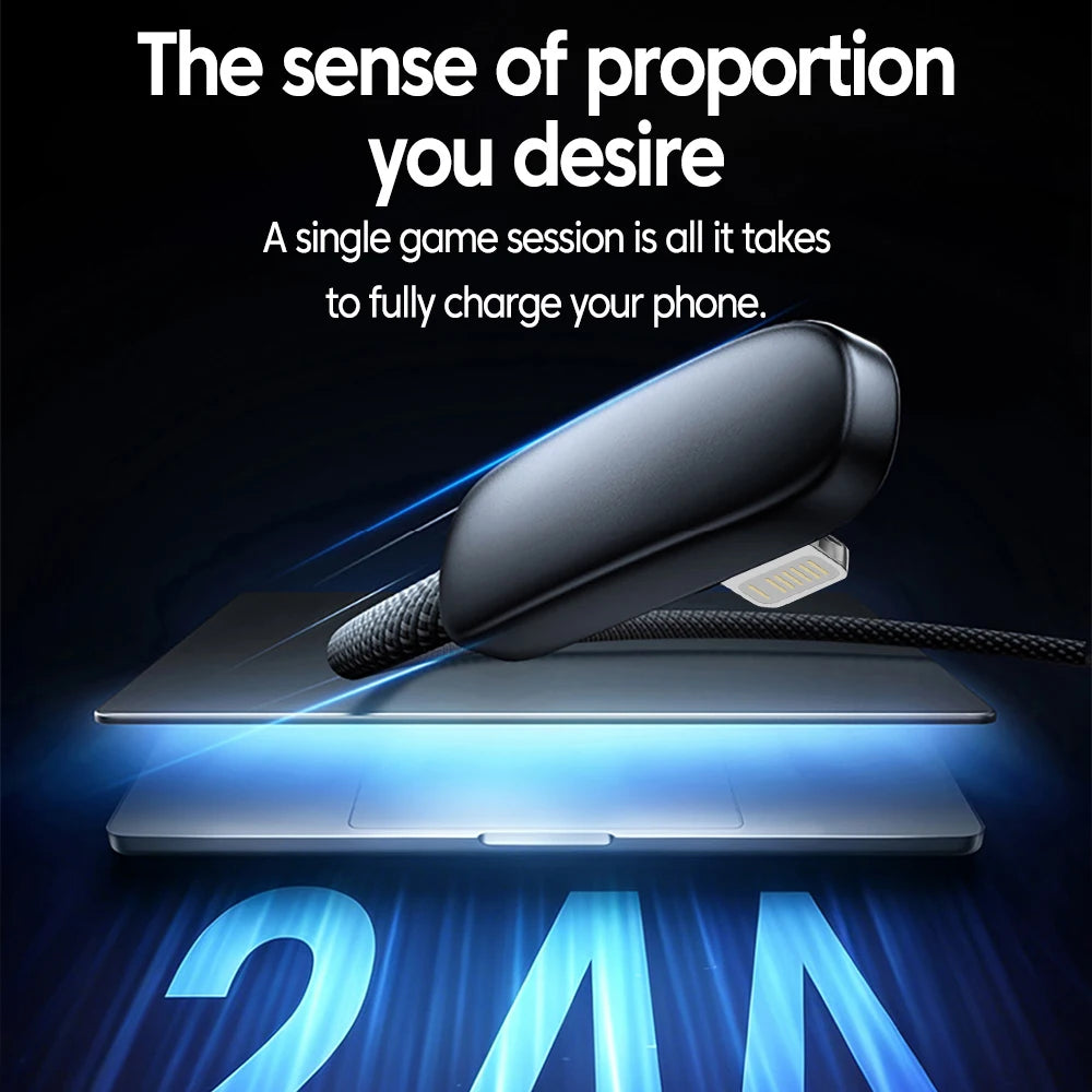 Câble de charge USB vers Lightning noir connecté à une tablette, avec une lumière bleue illuminant la connexion.