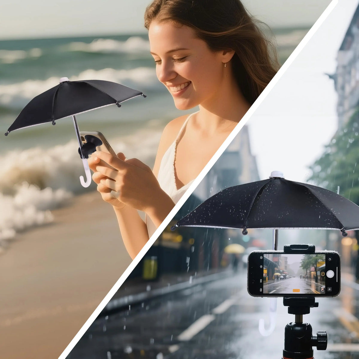 A woman uses a suction cup umbrella stand to hold her phone while outdoors in the rain.
