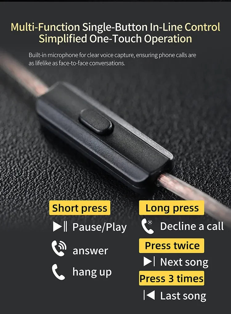 A close-up of a black in-ear monitor with a single button for one-touch operation and various functions.