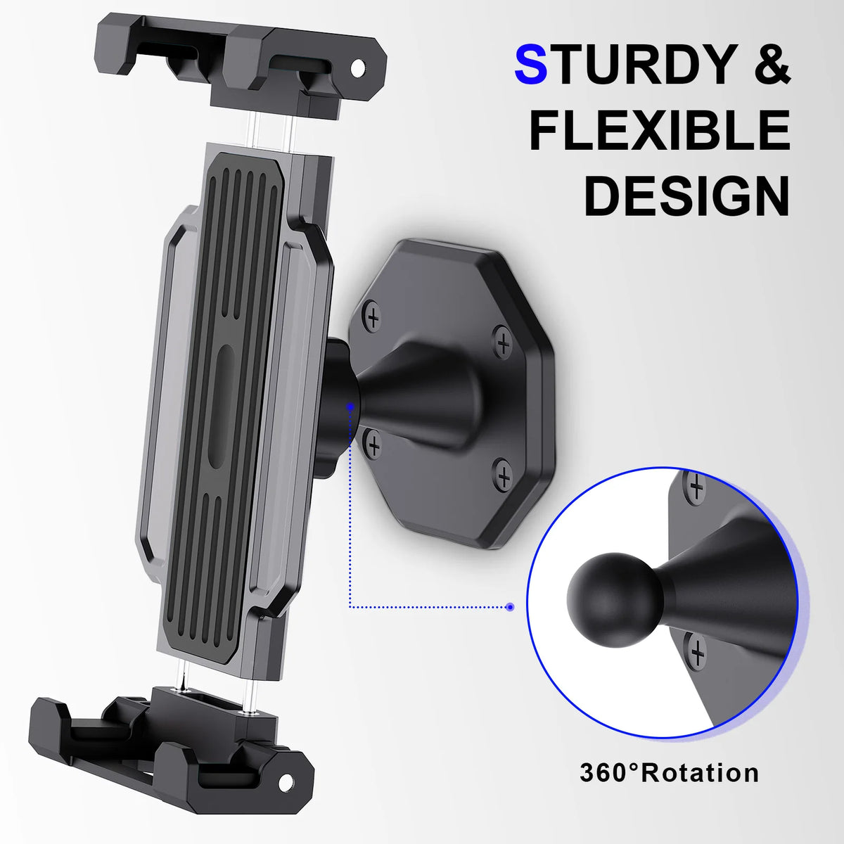 A sturdy and flexible design for a tablet wall mount stand featuring 360° rotation.