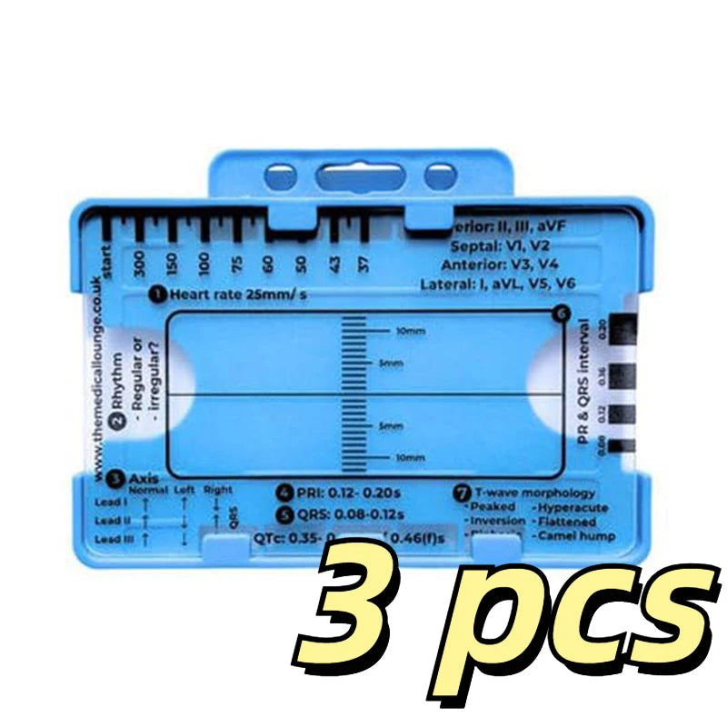 A blue 7-step ECG ruler card for EKG interpretation showing various cardiac rhythm and waveform markings.