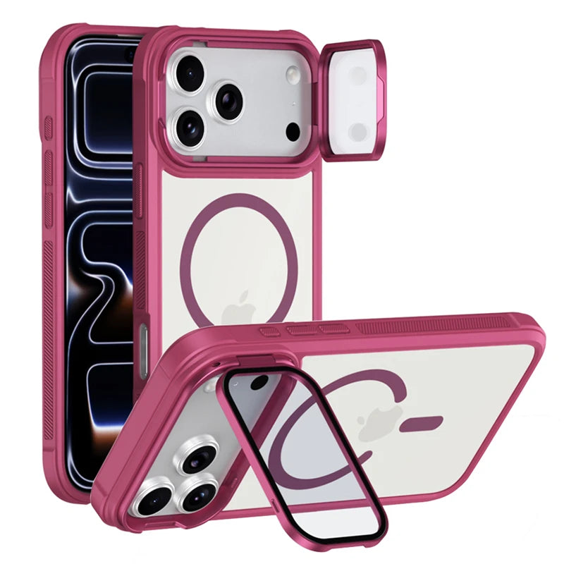 A pink magnetic shockproof iPhone case with a clear lens protector is shown in various configurations.