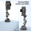 A black universal metal suction cup holder for a phone, featuring an articulating arm.