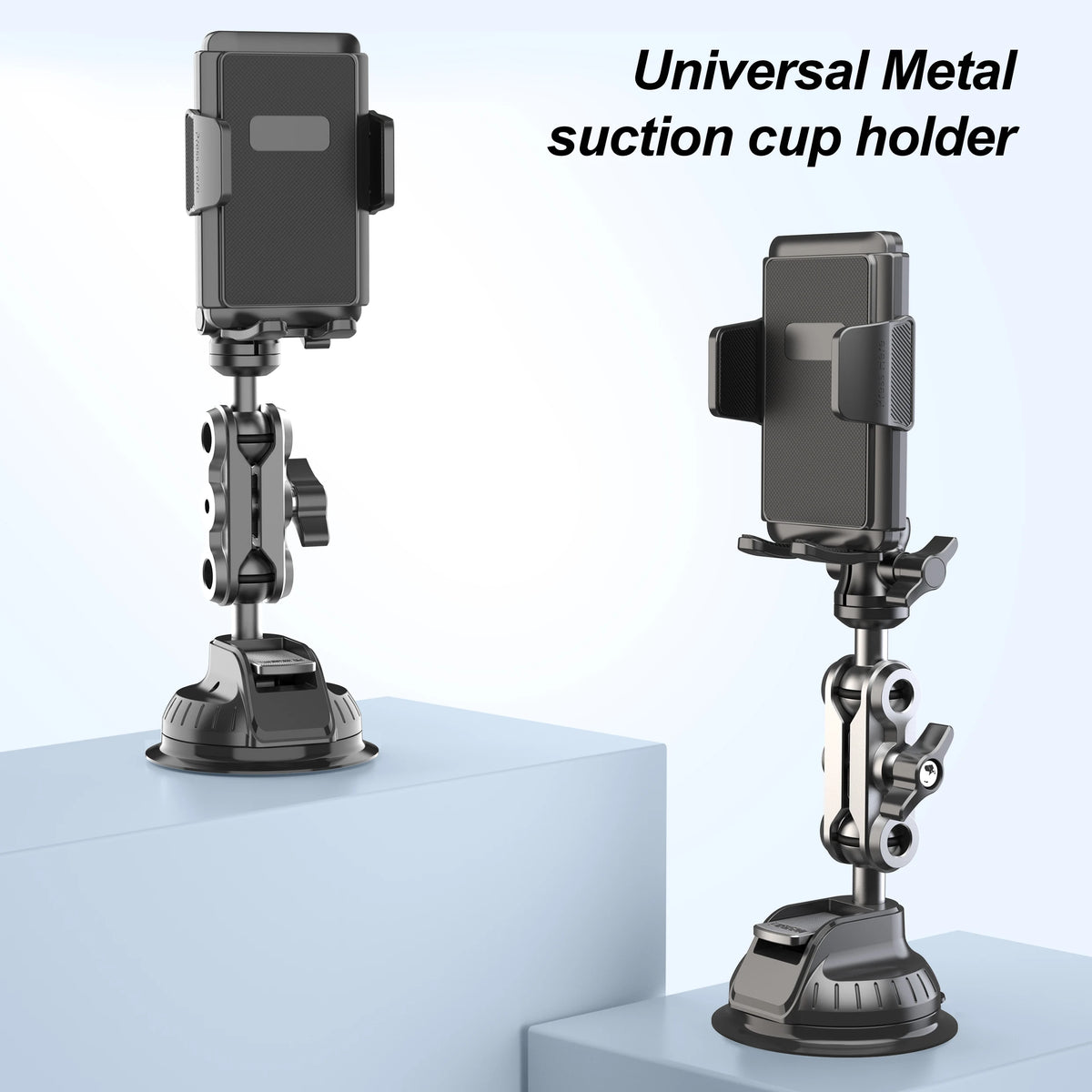 A black universal metal suction cup holder for a phone, featuring an articulating arm.