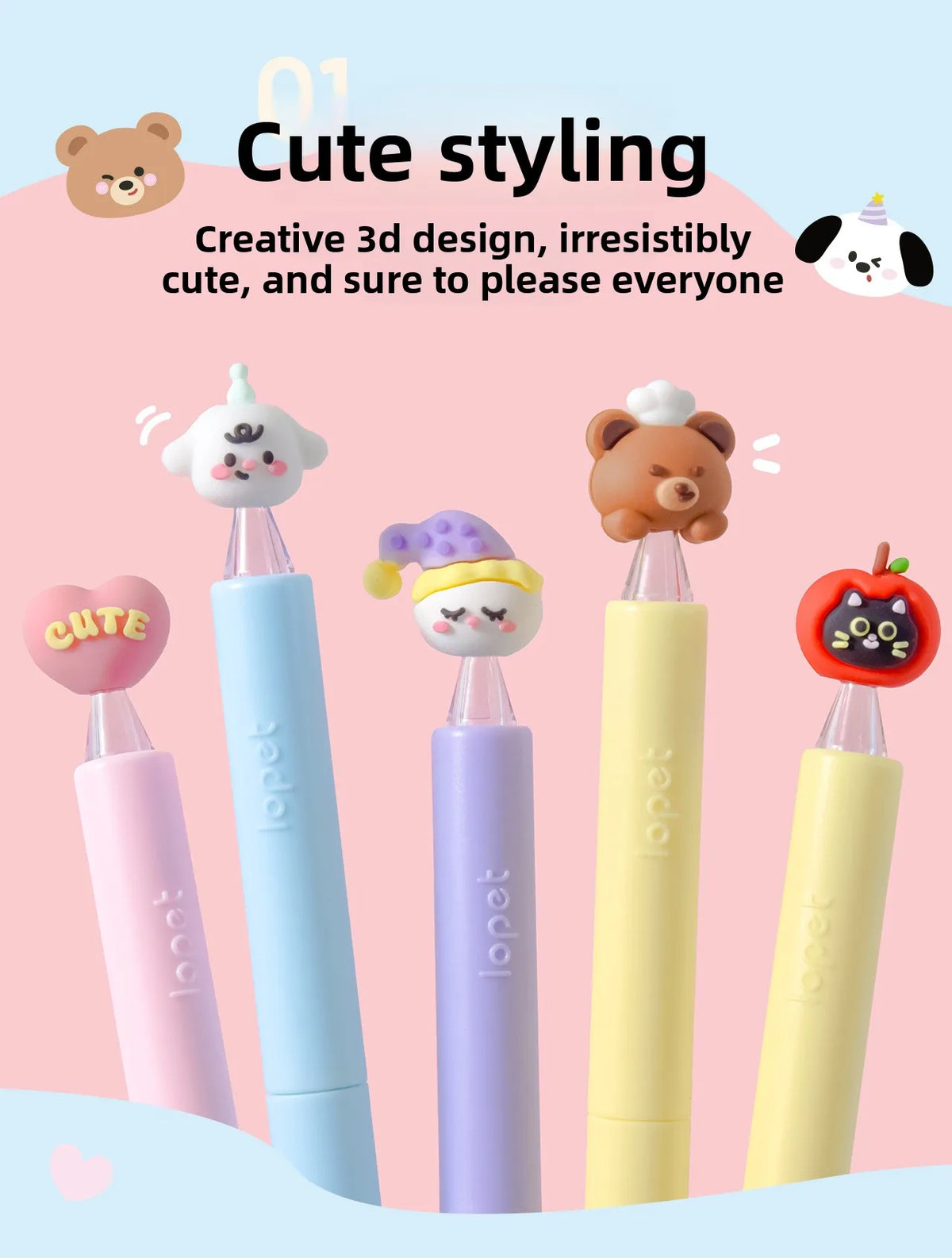 A set of four cute heart-shaped gel pens featuring animal patterns like a bear, a panda, and others.
