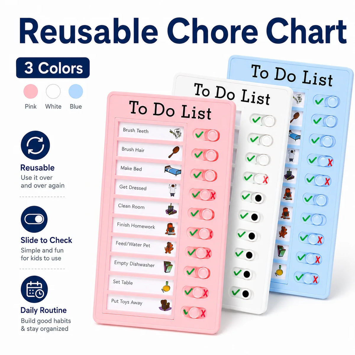 A pink reusable chore chart with tasks like brush teeth and clean room, next to a white to do list.