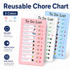 A pink reusable chore chart with tasks like brush teeth and clean room, next to a white version.