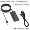 موزع USB أسود متعدد المنافذ بأربع منافذ وكابل طاقة ومؤشر LED.