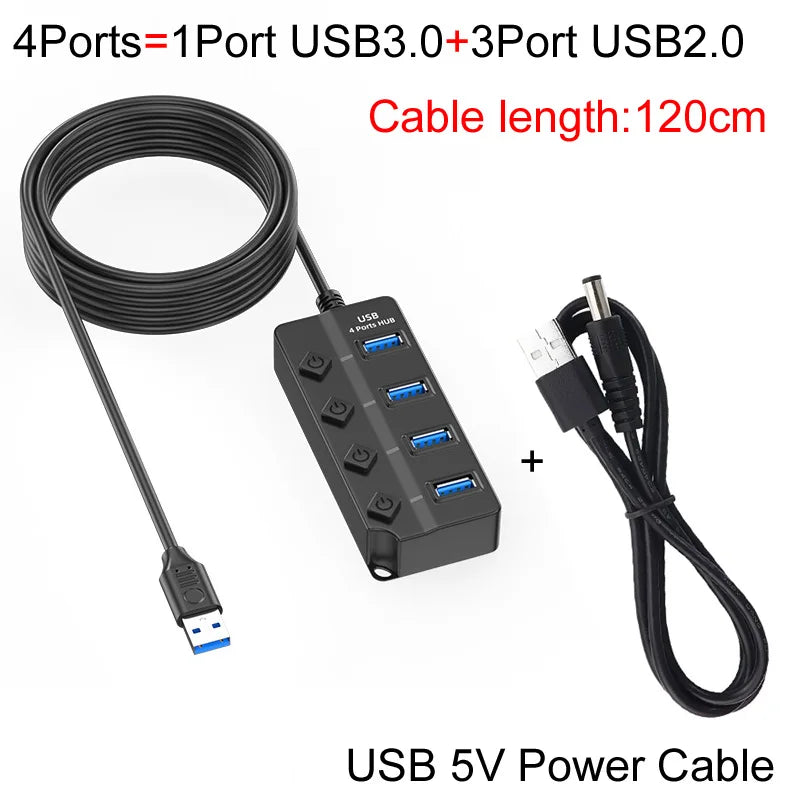 موزع USB أسود متعدد المنافذ بأربع منافذ وكابل طاقة ومؤشر LED.