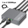 A gray Ethernet switch splitter device with multiple output ports and a cable shown next to it.