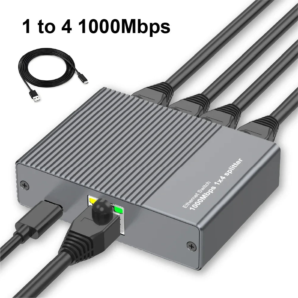 A gray Ethernet switch splitter device with multiple output ports and a cable shown next to it.