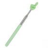A light green adjustable telescopic reading stick with a rubber fist grip.