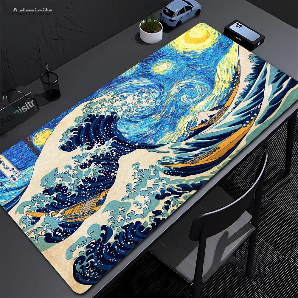 Extra-large mouse pad featuring a detailed illustration of The Great Wave of Kanagawa in blue and yellow tones