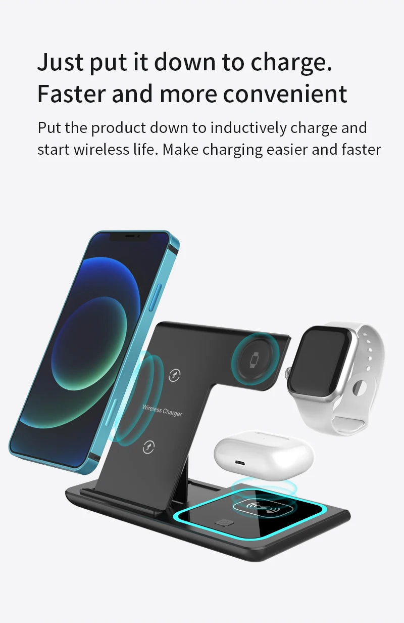 Una base de carga inalámbrica negra con un smartphone, un Apple Watch y AirPods para carga inductiva.