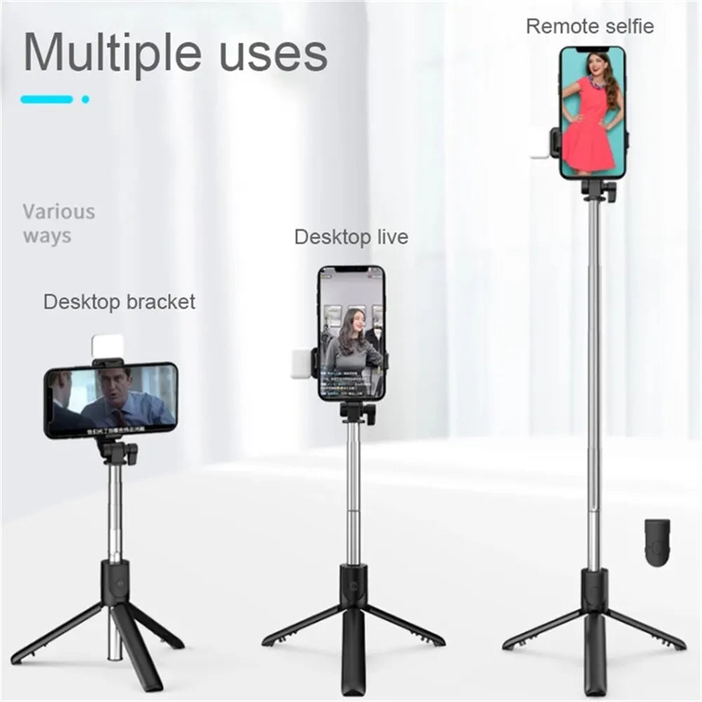 A portable extendable Bluetooth selfie stick with a fill light mounted on a tripod stand.