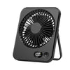 A black portable folding USB fan with a circular grille and an LED display is shown.