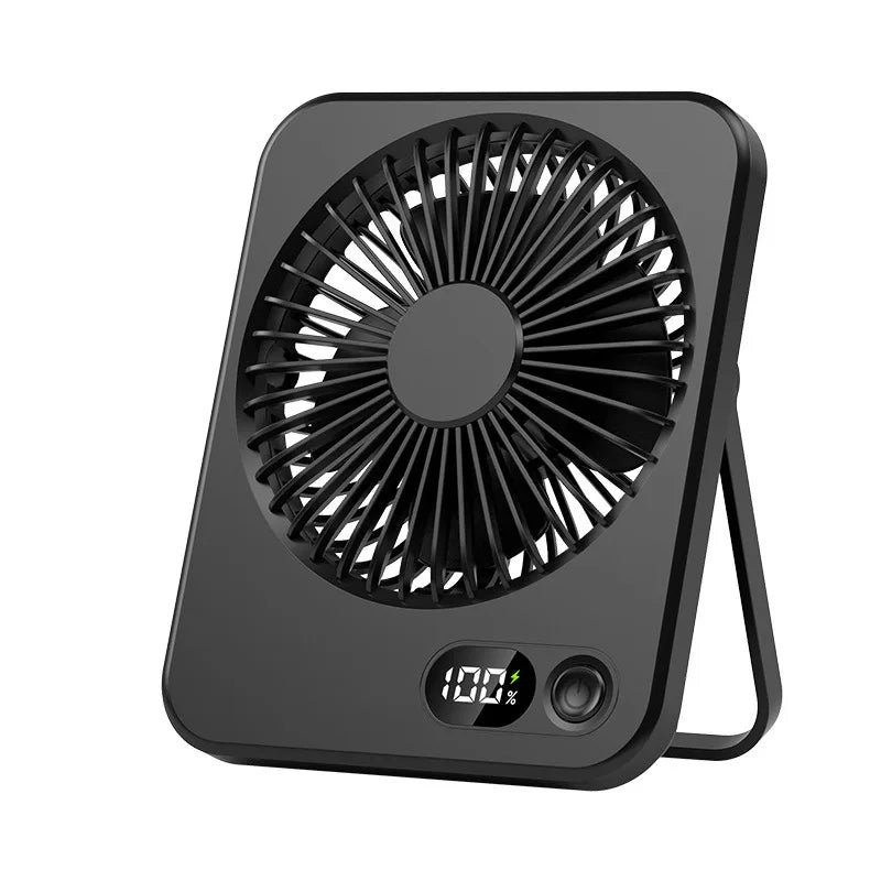 A black portable folding USB fan with a circular grille and an LED display is shown.