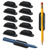 A set of black silicone pen holders and a yellow fountain pen shown together.