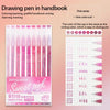 A set of pink drawing pens in a handbook packaging featuring various shades and writing tips.