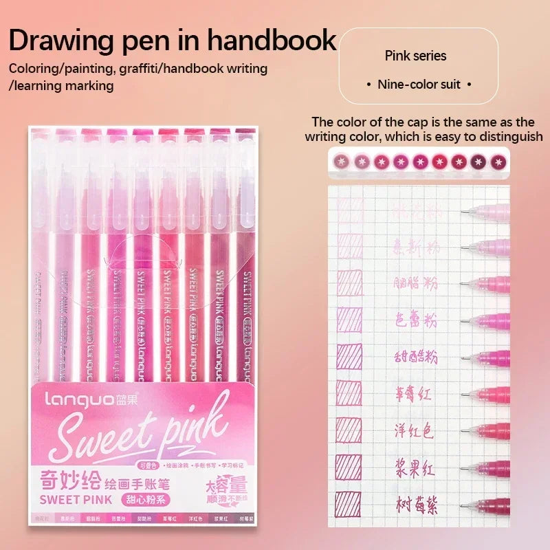 A set of pink drawing pens in a handbook packaging featuring various shades and writing tips.