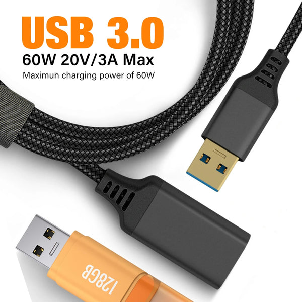 Cable de extensión USB 3.0 trenzado de nylon negro y adaptador USB-A a USB-C