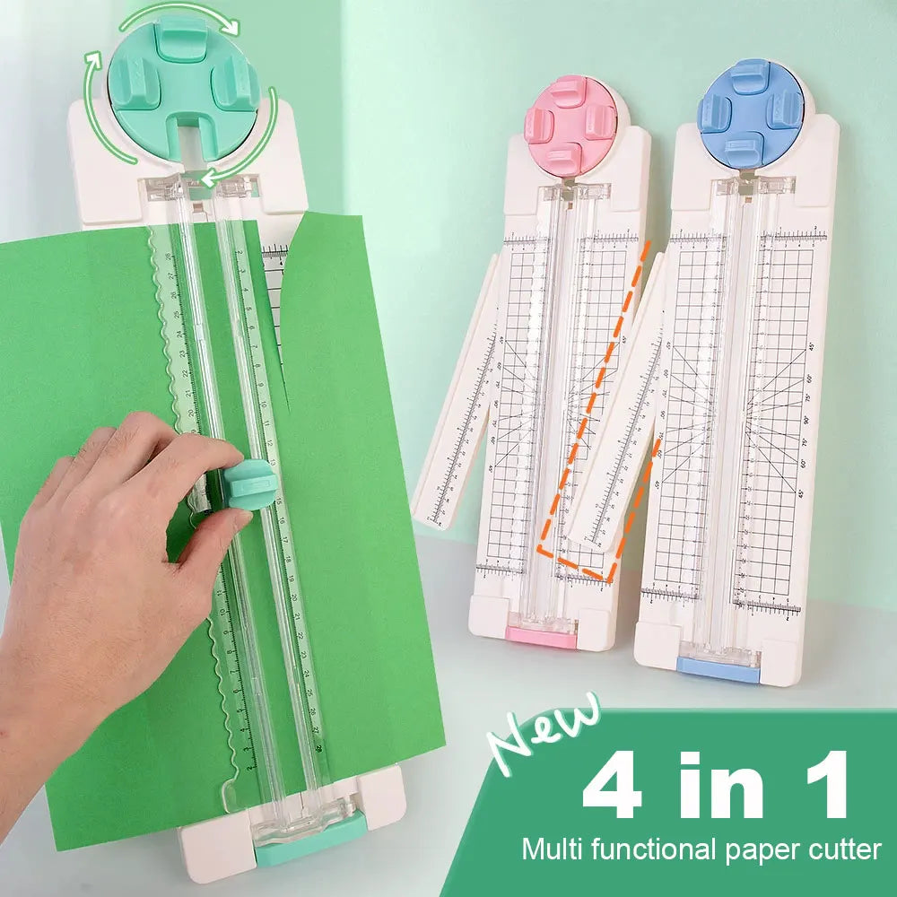 A hand is operating a new 4-in-1 multi functional paper cutter with pink and blue components on a green cutting mat.