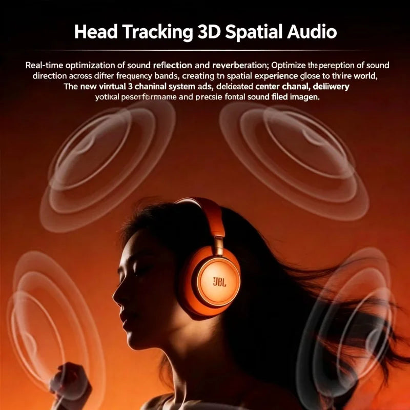 A woman wearing JBL headphones is shown with sound waves emanating from them against an orange background.