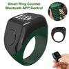 A black smart ring counter with a green band is shown next to its disassembled parts and a hand wearing the device.